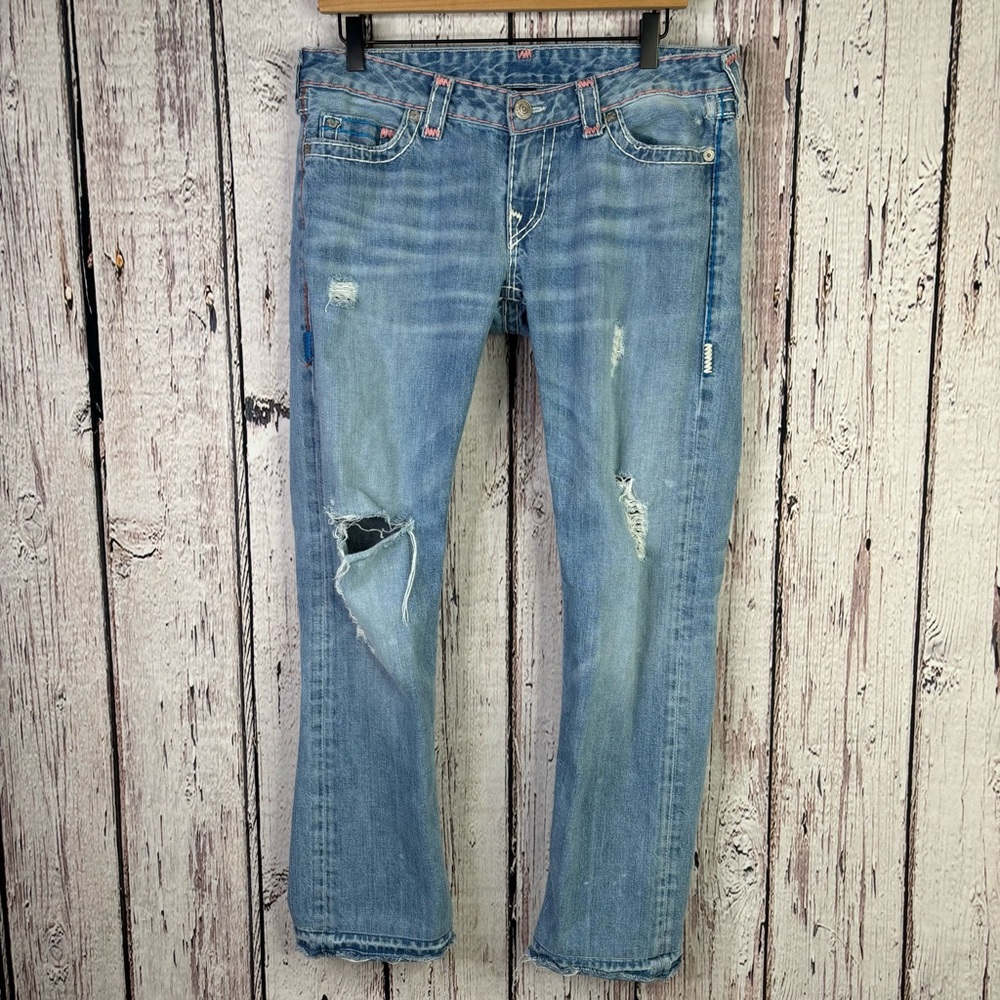 True Religion Size 30 Billie Ripped Straight‎ Jeans Super T Light Wash Low Rise